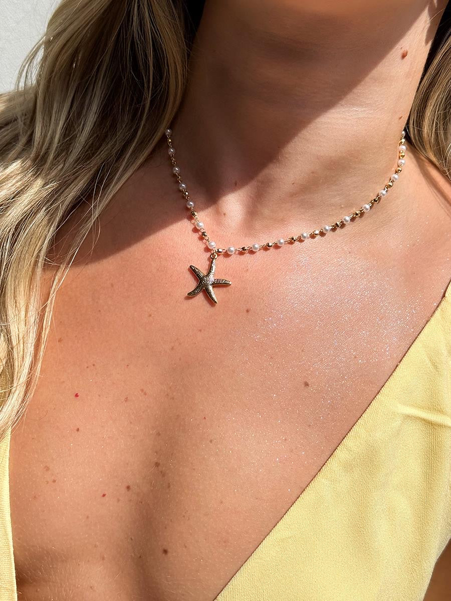 Colar Pérola e Globo com Estrela do Mar | Banhado a Ouro