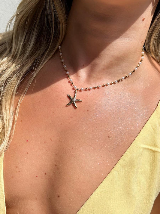 Colar Pérola e Globo com Estrela do Mar | Banhado a Ouro